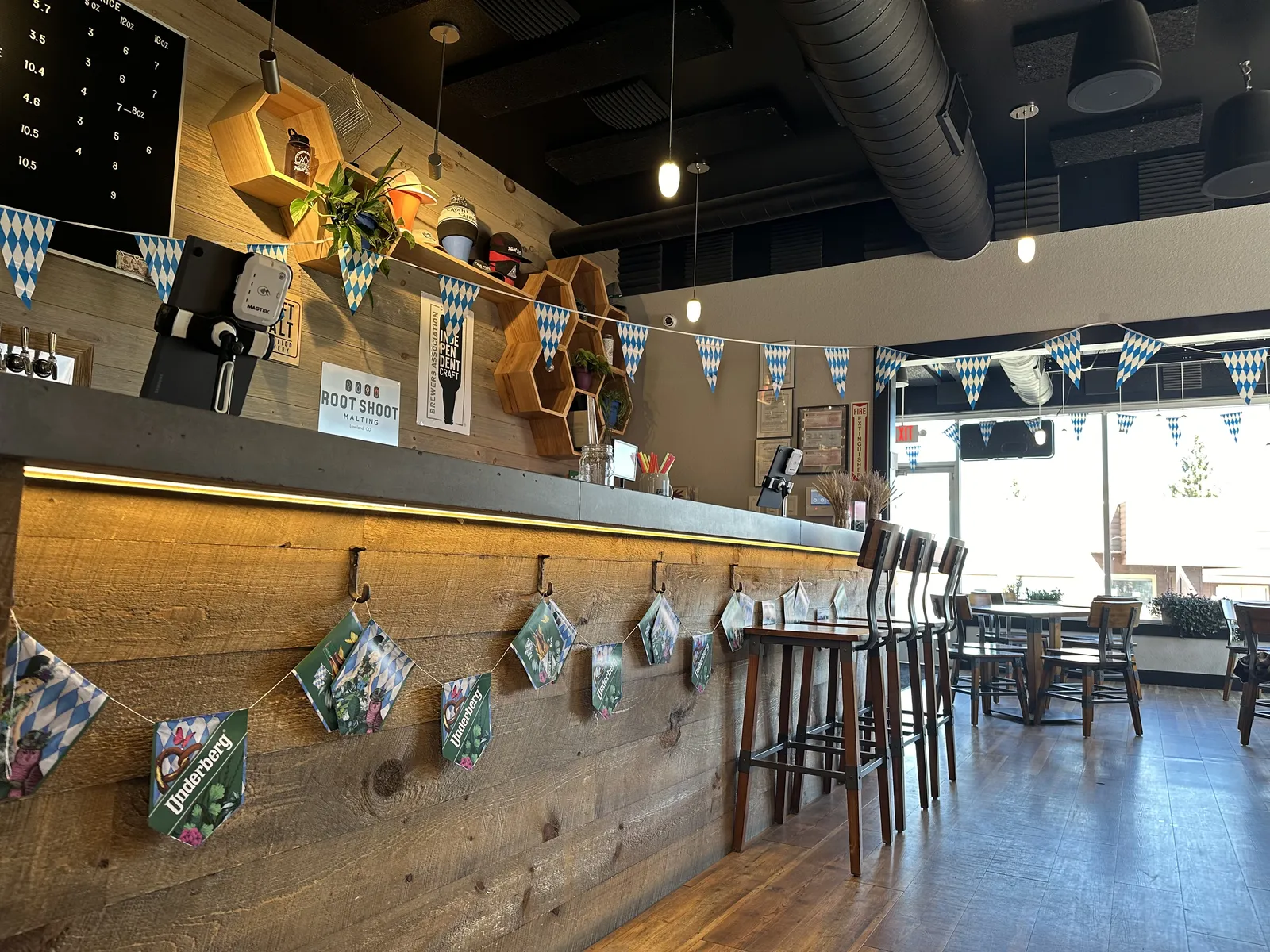 Indoor bar and taproom at Avant Garde set for an event