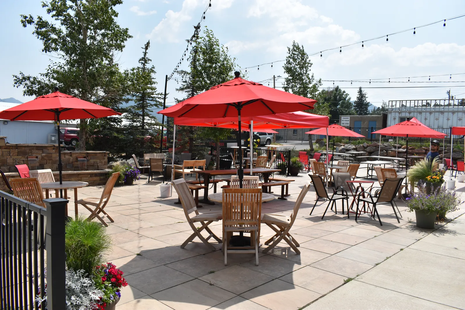 Avant Garde beer garden patio seating with umbrellas